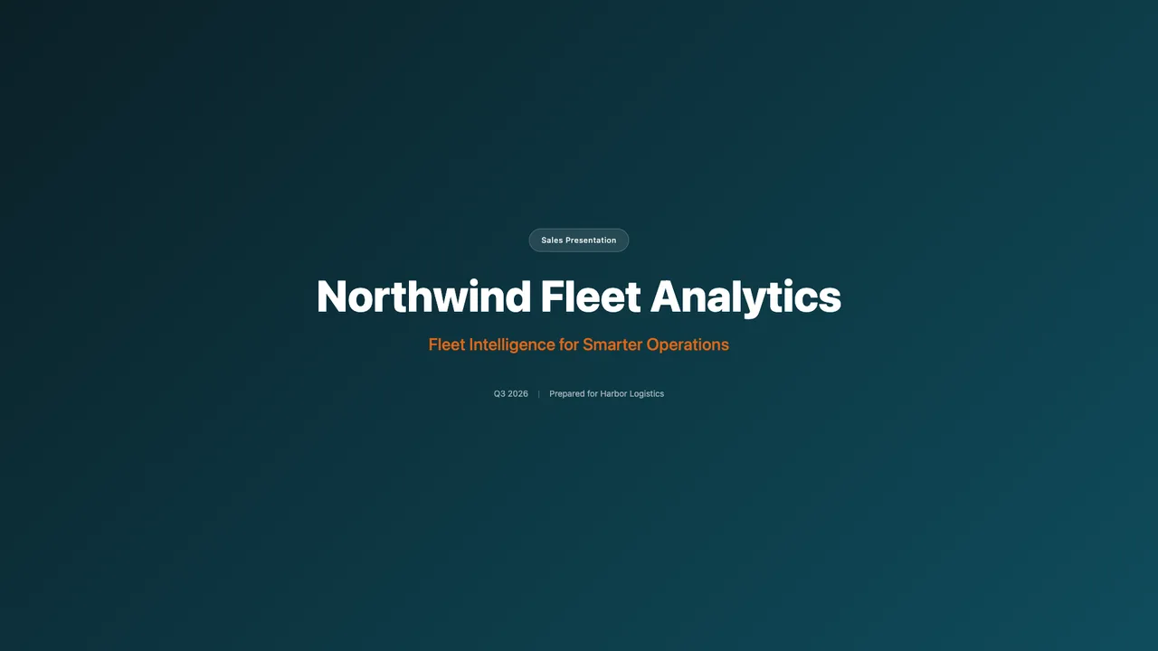 After: Title slide: the same company name and tagline, in the brand pulled from the website instead of a navy rectangle.
